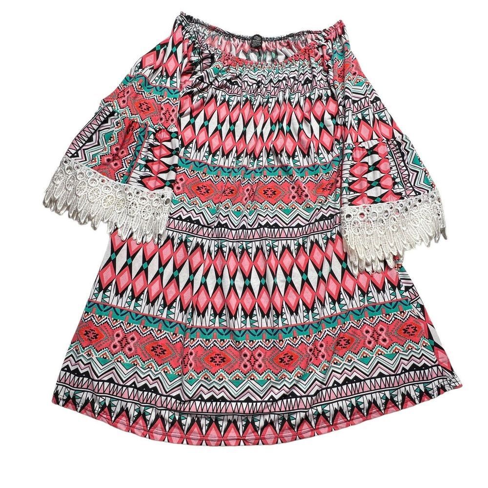 WIN WIN Shirt Womens 2XL-3XL Half Sleeve Abstract Multicolor Lace Tunic Top‎